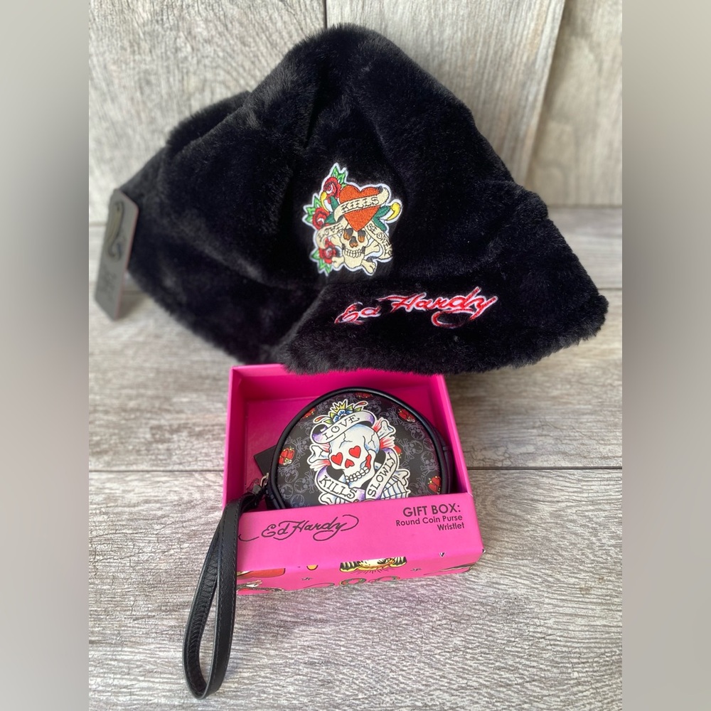 Ed Hardy Faux Fur Hat & Coin Purse Gift Set – Skull Tattoo Design
